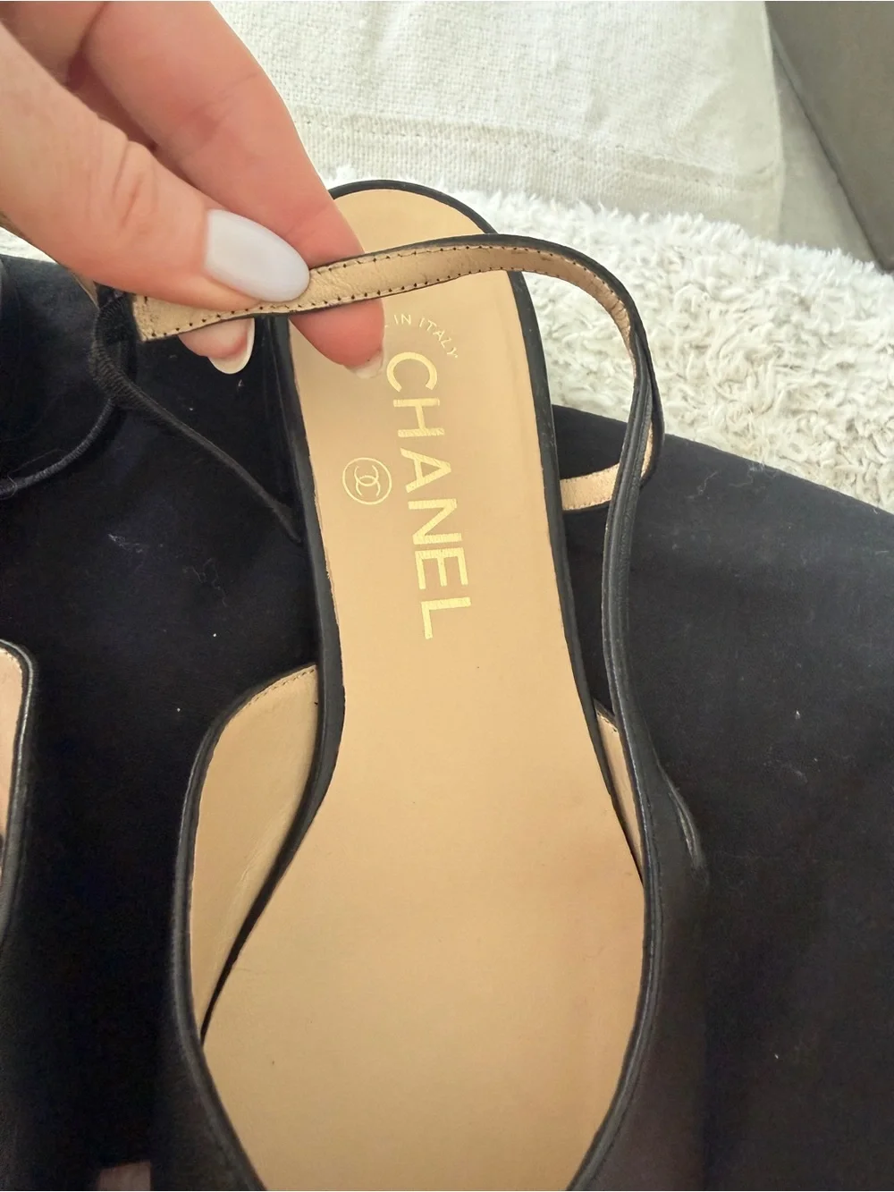 CHANEL Black Goatskin & Grosgrain Slingback Flats